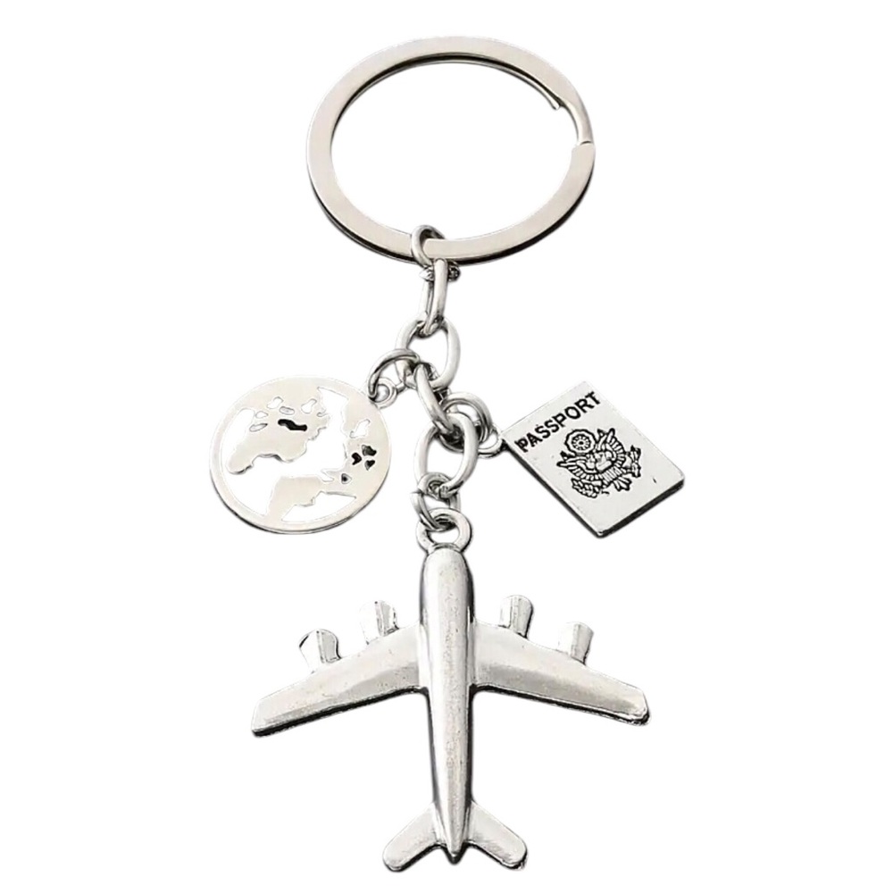 Silver Airplane Passport Charm Keychain - Travel Themed